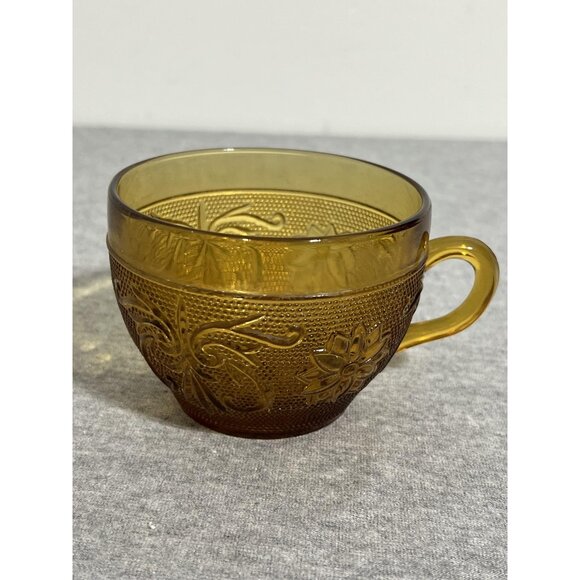 Vintage Amber Glass Coffee Tea Cups Set of 6 Federal Madrid Floral Scroll Retro - Picture 8 of 13